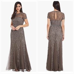 Adrianna Papell CAP SLEEVE BEADED GOWN IN LEAD